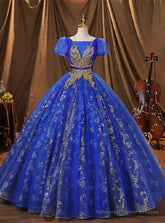 Royal Blue Tulle Pleats Sequins Appliques Quinceanera Dress